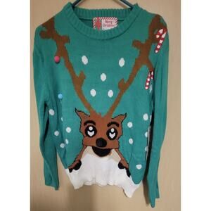 NWT Great Christmas Sweater Green Reindeer Jingle Bells M NEW Great Gift!
